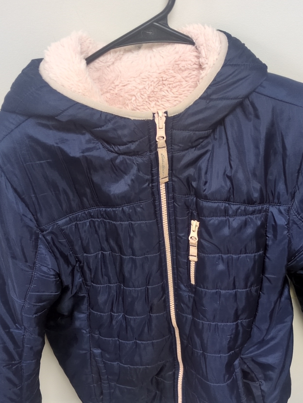 Eddie Bauer Navy Puffer Jacket with Pink Sherpa Hood